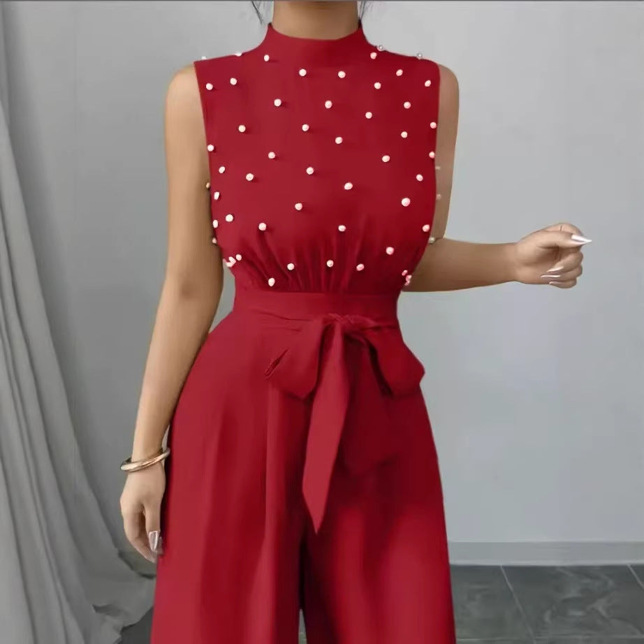Damen Eleganter Jumpsuit mit Perlenbesatz, Stehkragen und weitem Palazzo-Bein EB