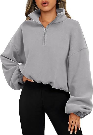 Damen nan kurz geschnittenes Halbzip-Sweatshirt mit hohem Stehkragen, Ballonärmeln und elastischem Saum EB