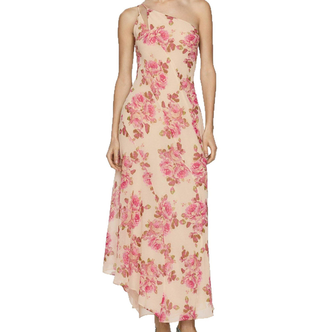 Damen asymmetrisches Maxikleid mit floralem Muster und einem Schulterdesign EB