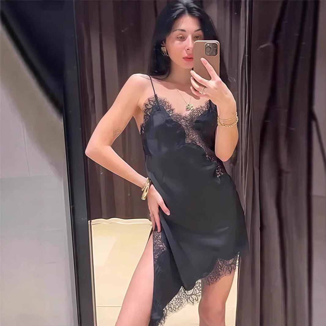 Damen Satin Negligé mit feiner Spitzenverzierung EB