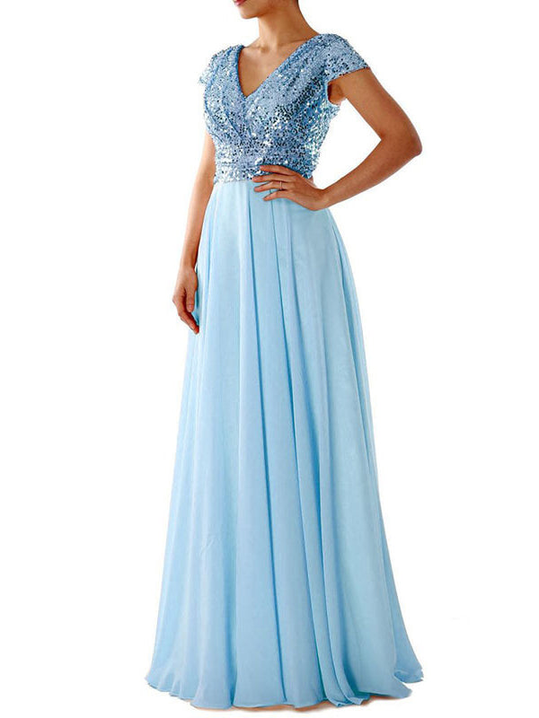 EB | Damen Kleider V-Ausschnitt Paillette Chiffon Paneel Maxi Kleid