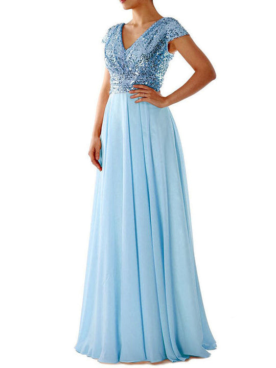 EB | Damen Kleider V-Ausschnitt Paillette Chiffon Paneel Maxi Kleid