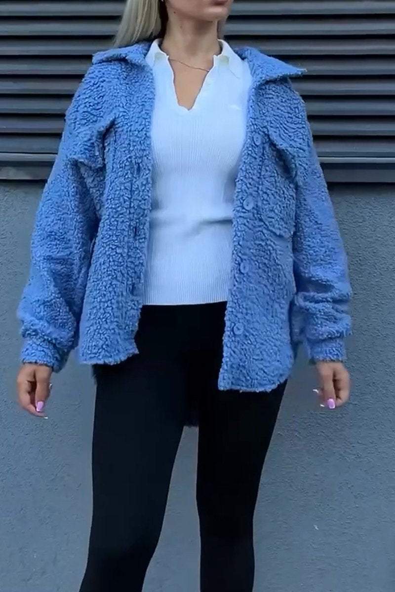 Damen Teddyjacke mit modischen Taschen und Knopfverschluss EB