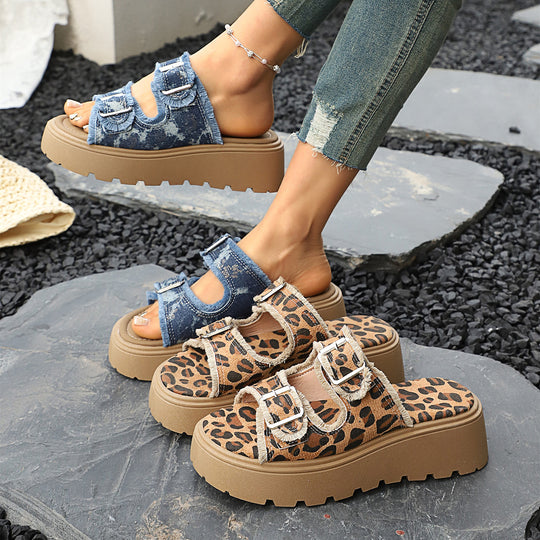 Damen Plateau-Pantoletten mit verstellbaren Riemen und trendiger Denim-Optik EB