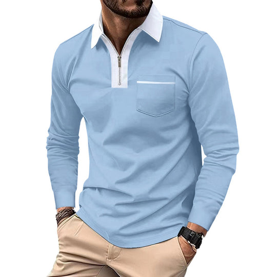 Herren Modisches Langarm-Polohemd mit Reißverschluss und Brusttasche EB