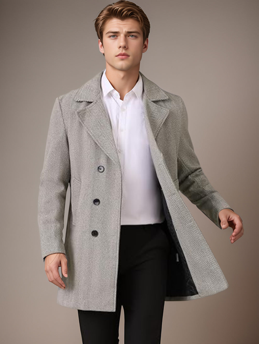Herren eleganter Wende-Mantel mit doppelter Knopfleiste und verborgenem Gürtel EB