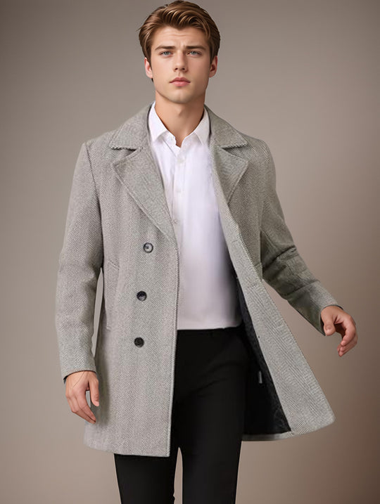 Herren eleganter Wende-Mantel mit doppelter Knopfleiste und verborgenem Gürtel EB