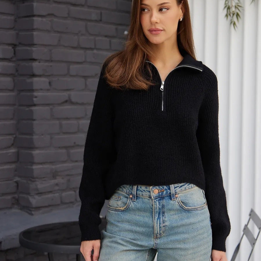 Damen Cozy Pullover mit Kragen und Reißverschluss EB