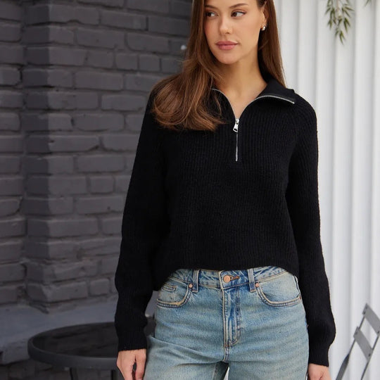 Damen Cozy Pullover mit Kragen und Reißverschluss EB