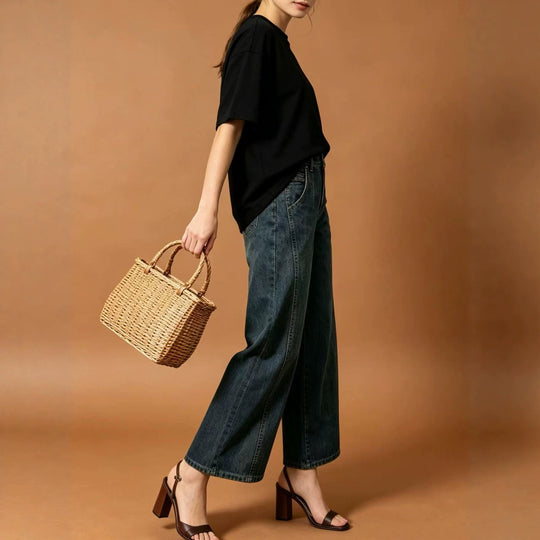 Damen nan hohe Taille Plissée Wide-Leg-Denimhose mit verkürztem Bein und dekorativen Vorderfalten EB