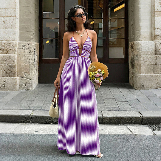 Damen Maxi-Kleid mit tiefem V-Ausschnitt und raffiniertem Streifenmuster EB