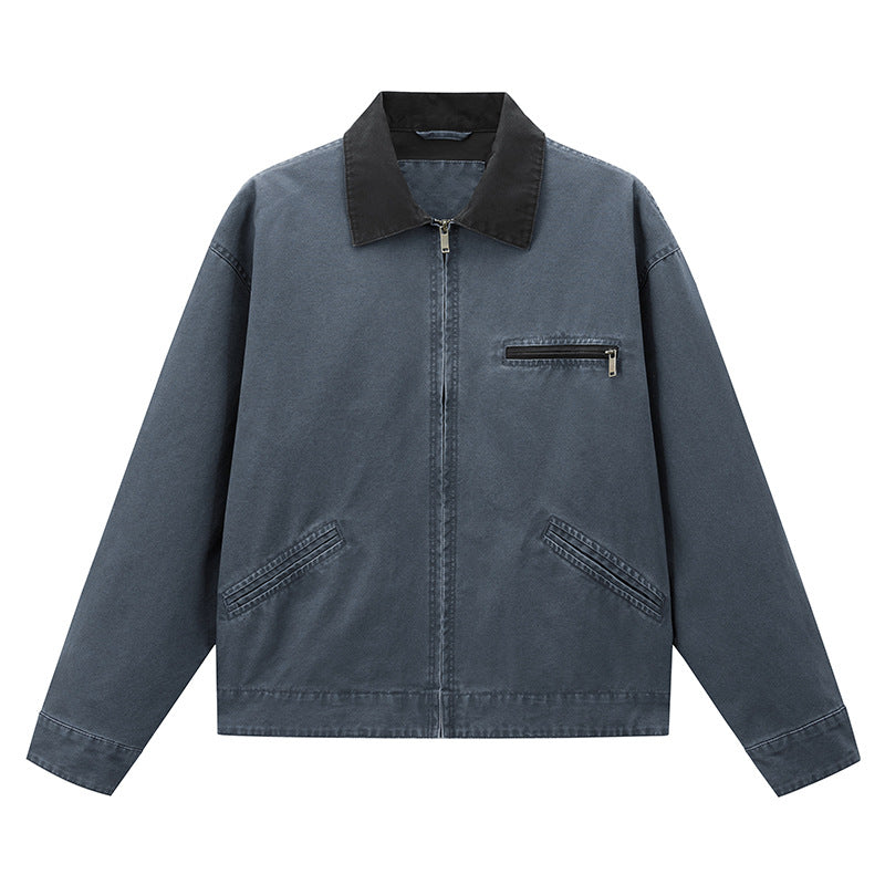 Men's  vintage-inspired zip-front workwear jacket with contrast collar and angled welt pockets EB