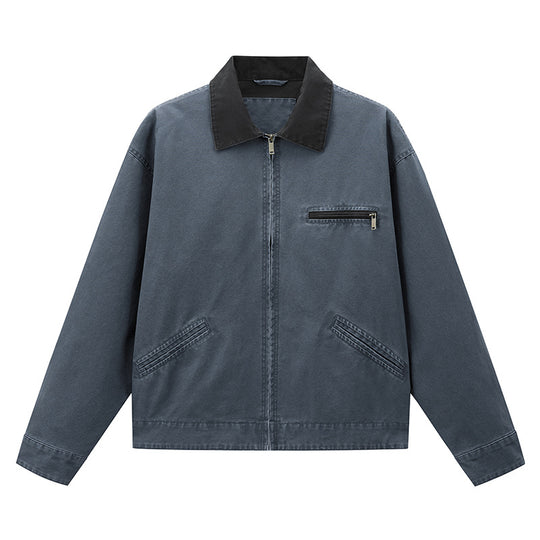 Men's  vintage-inspired zip-front workwear jacket with contrast collar and angled welt pockets EB