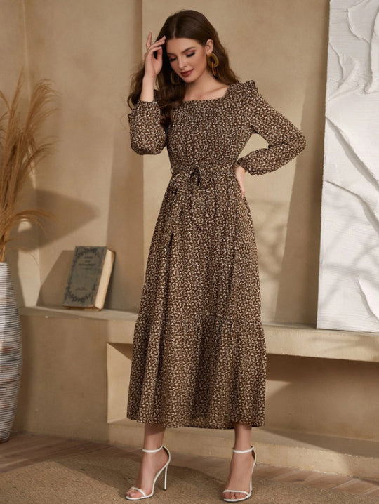 Damen Maxikleid im Boho-Stil mit weitem Rock und Taillengürtel EB