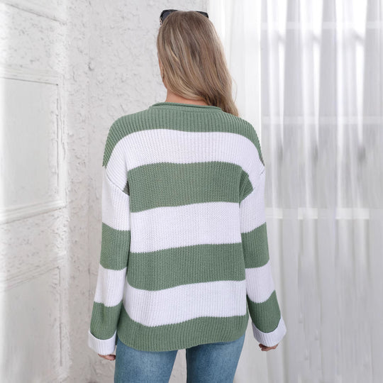 Damen lässiger Strickpullover mit breiten Streifen und lockerer Passform EB