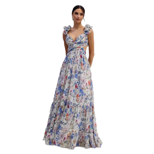 Damen Maxikleid im romantischen Vintage-Stil mit fließendem Rock und Rüschendetails EB