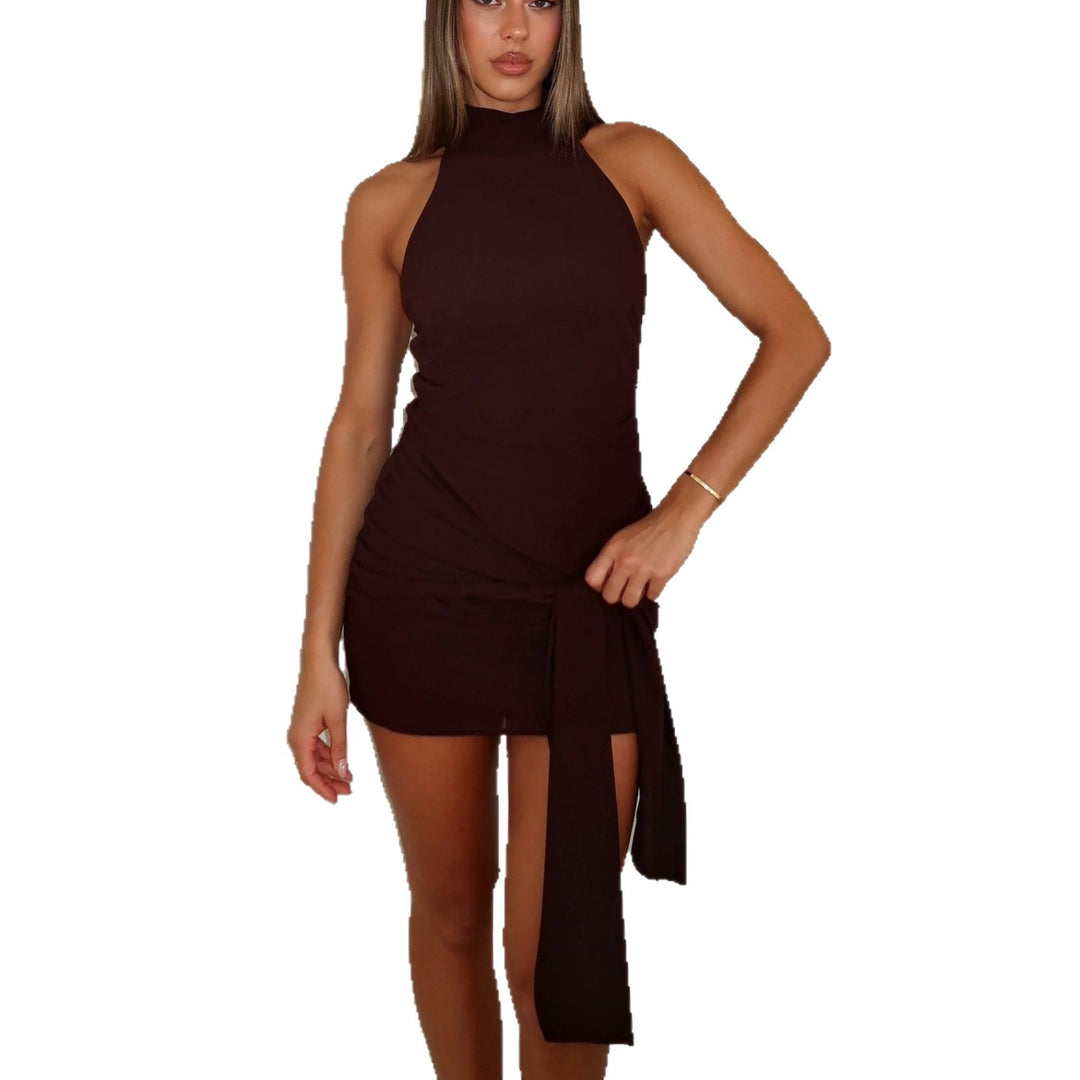 Damen Figurbetontes Wickelkleid mit hochgeschlossenem Halter Design EB