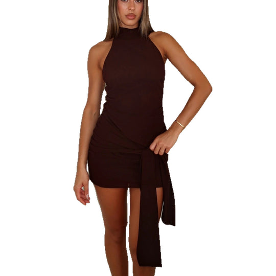 Damen Figurbetontes Wickelkleid mit hochgeschlossenem Halter Design EB