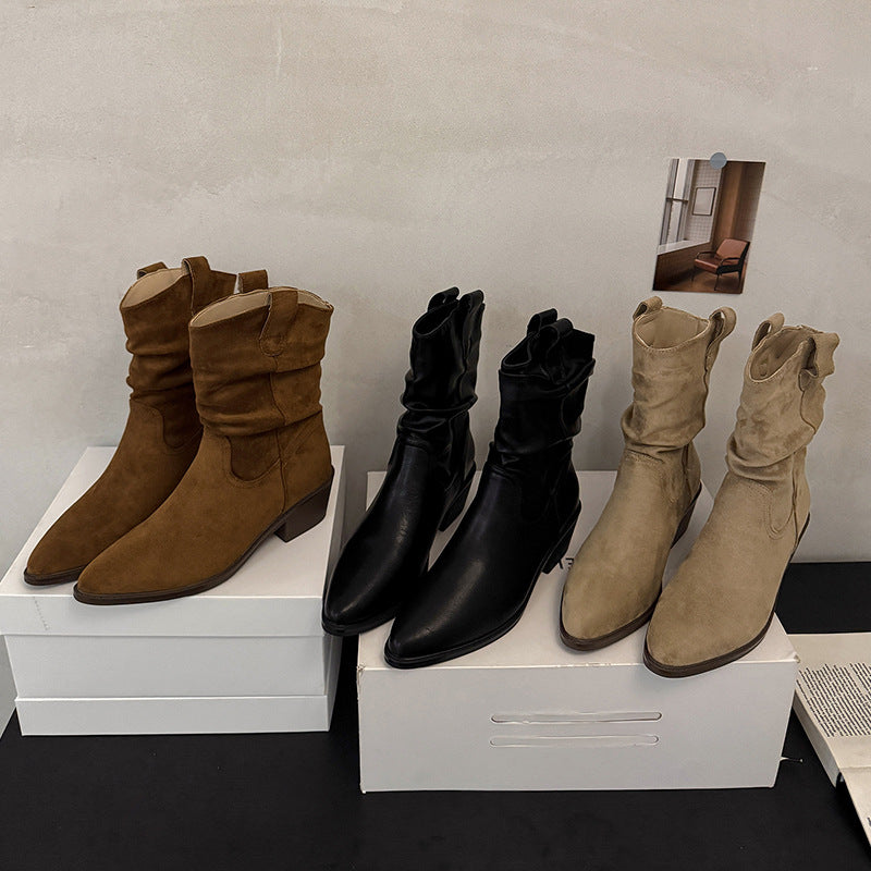 Damen Cowboy-Stiefel mit modischem Falten-Design und komfortablem Blockabsatz EB
