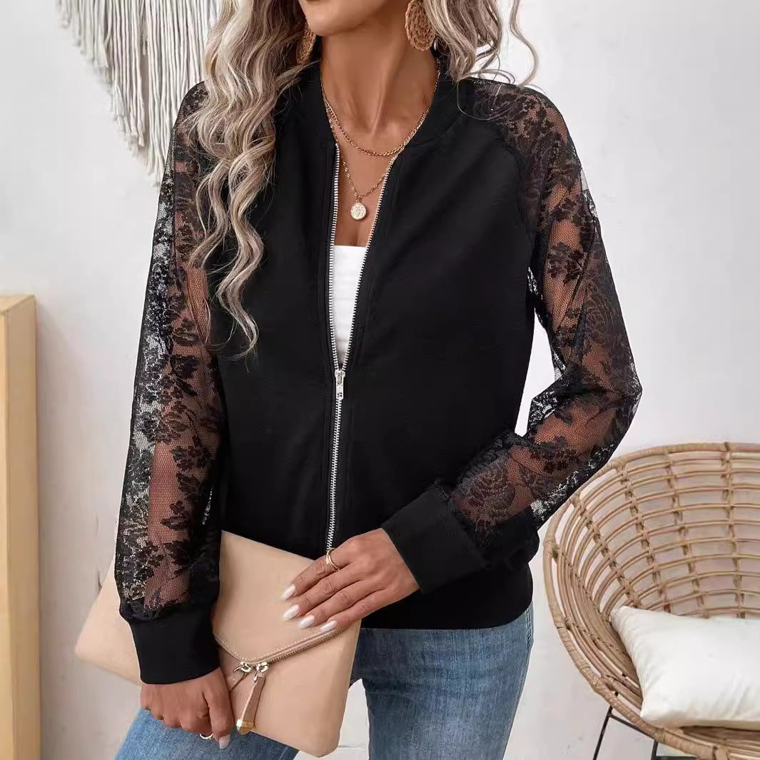 Damen nan leichte Bomberjacke mit floralen Spitzenärmeln und Reißverschluss EB