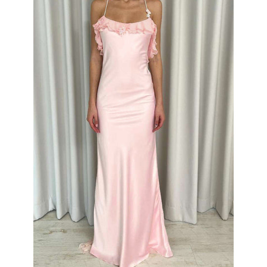 Damen Maxi-Kleid mit eleganten Rüschendetails und tiefem Rückenausschnitt EB