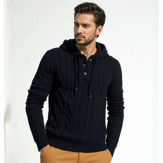 Herren stylischer Strickpullover mit Kapuze und Knopfdetails EB