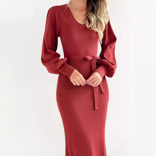 Damen elegantes Strickkleid mit Puffärmeln EB