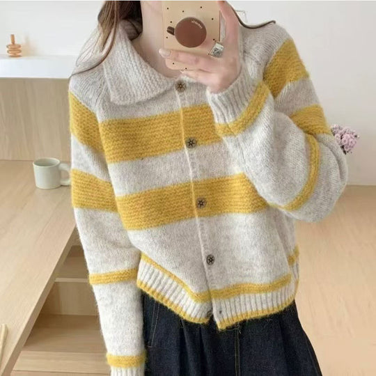 Damen Strickjacke mit dekorativem Kragen und modischen Streifen EB
