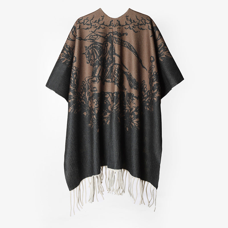 Damen Oversize-Capeponcho im Rechteckschnitt mit Fransensaum und zweilagigem Jacquard-Innenfutter EB