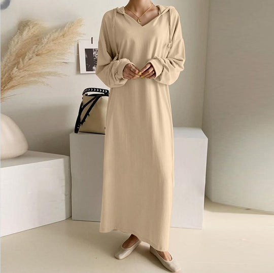 Damen nan lässiges Kapuzen-Maxikleid mit V-Ausschnitt, langen Ärmeln, lockerem geradem Schnitt und elastischen Bündchen EB