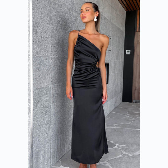 Damen Elegant Drapiertes Maxikleid mit asymmetrischem Schnitt und hohem Schlitz EB
