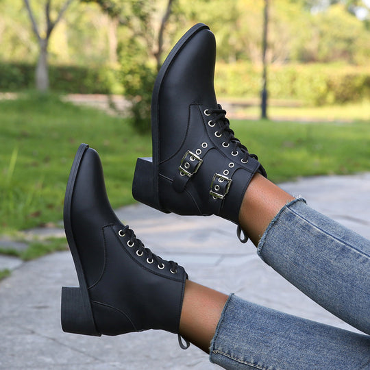 Damen modische Schnürstiefeletten mit praktischen Schnallen und robustem Absatz EB