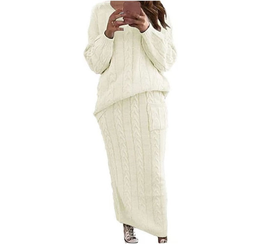 Damen nan Strickset Oversized Zopfmuster-Pullover und Maxi-Bleistiftrock mit aufgesetzter Tasche EB