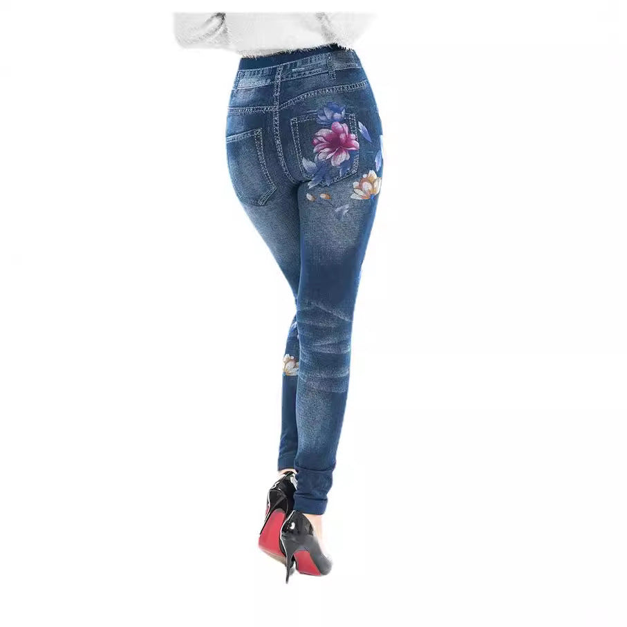 Damen High-Waist Jeansleggings mit floralen Applikationen EB