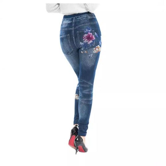 Damen High-Waist Jeansleggings mit floralen Applikationen EB