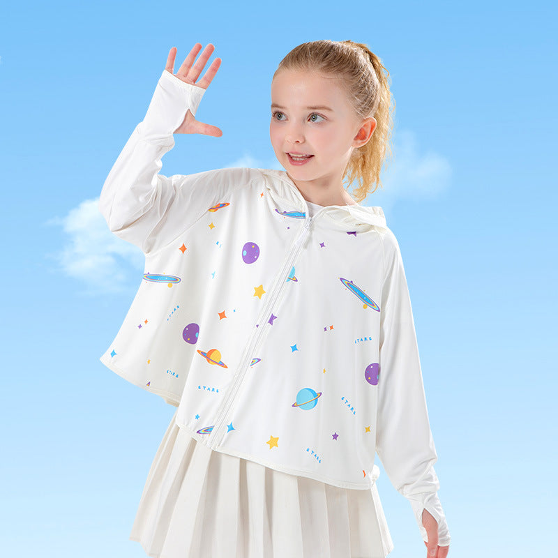 Unisex nan leichte UPF Sonnenschutz Kapuzenjacke für Kinder mit Daumenlöchern und planetarischem Druck EB