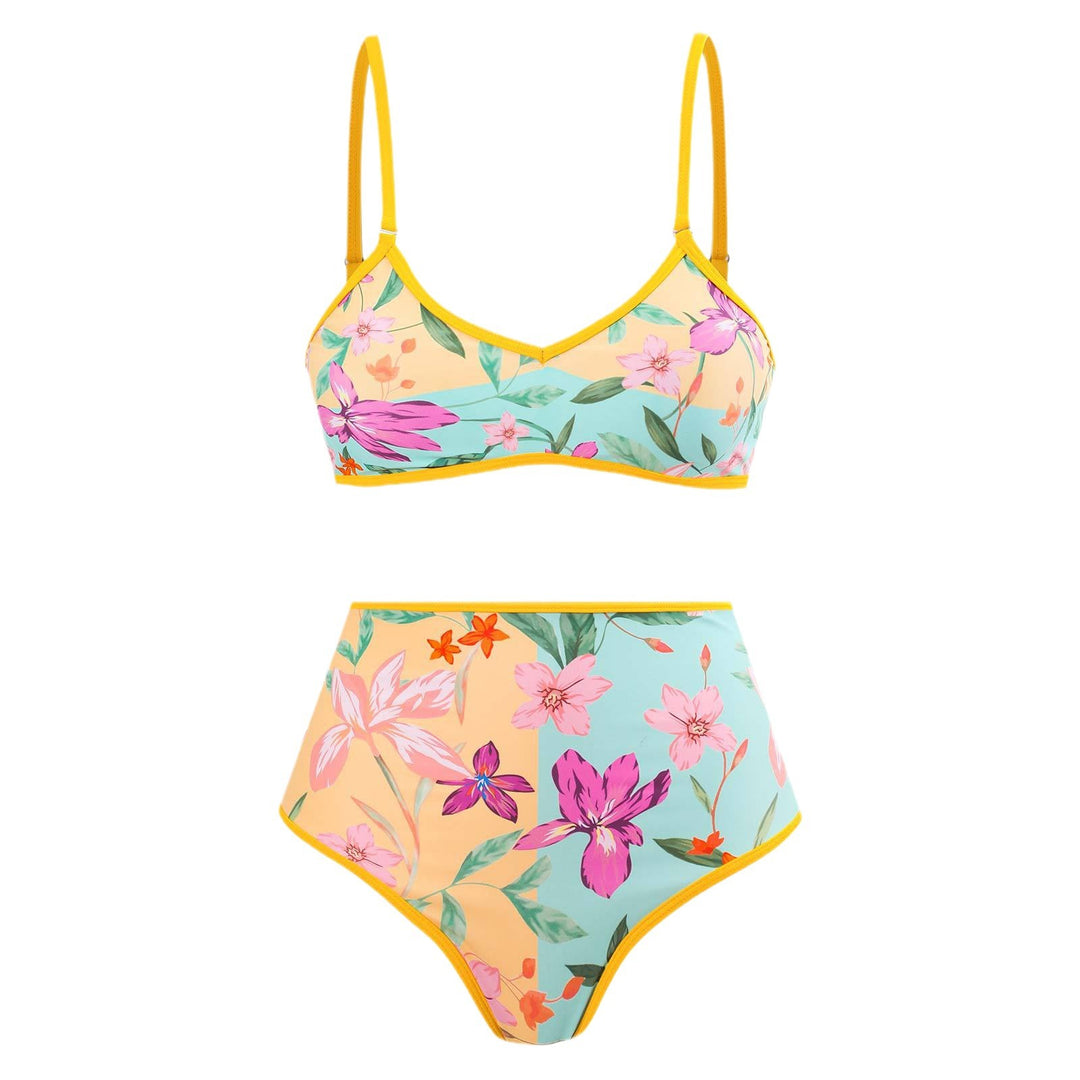 Damen Hochgeschnittener Bikini mit floralem Muster und kontrastierendem Detail EB