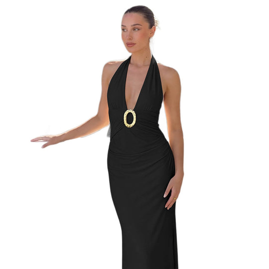 Damen Maxikleid mit tiefem V-Ausschnitt und eleganten Raffungselementen EB