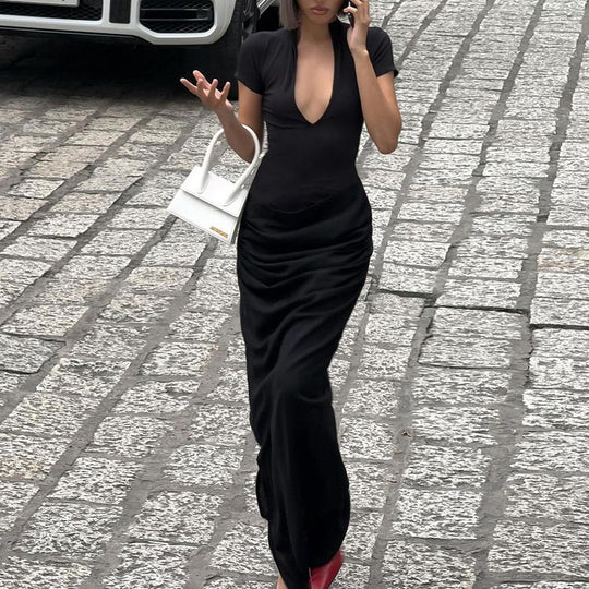 Damen Elegantes Maxikleid mit tiefem Ausschnitt und Raffungen EB