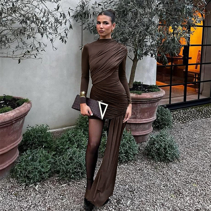 Damen elegantes Wickelkleid mit asymmetrischem Saum und langen Ärmeln EB