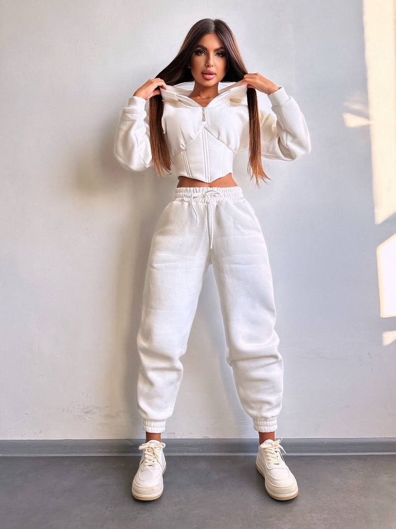 Damen Crop-Kapuzenjacke mit Korsagennaht und High-Waist Jogginghose EB