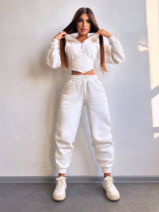 Damen Crop-Kapuzenjacke mit Korsagennaht und High-Waist Jogginghose EB
