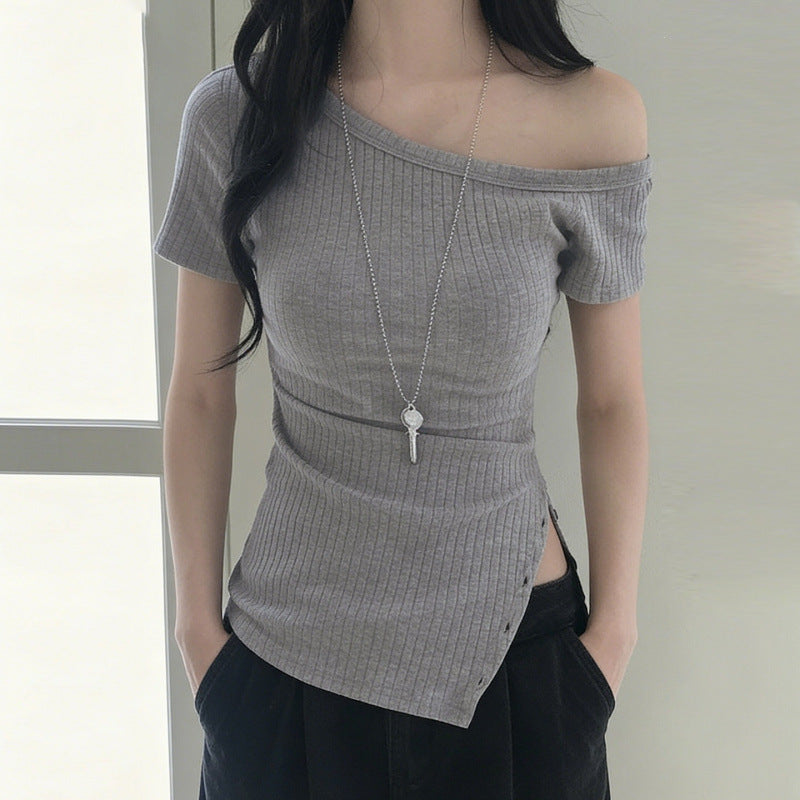 Damen asymmetrisches Kurzarm-Oberteil mit Knopfdetails und einzigartigem Schnitt EB