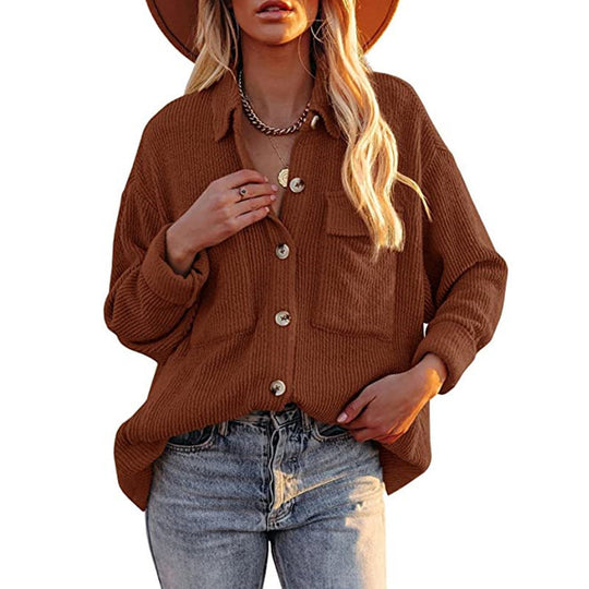 Damen Lässige Strickjacke mit Knopfleiste und Brusttasche EB