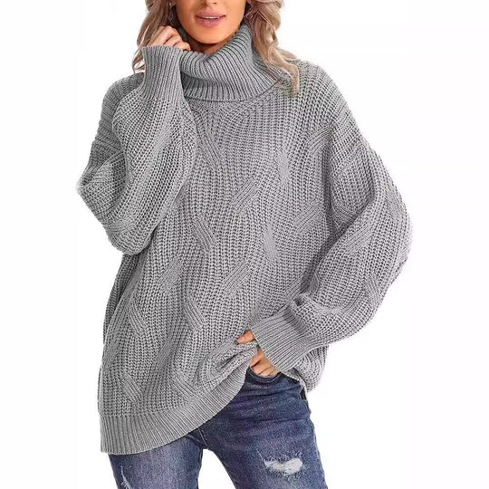 Damen Grobstrickpullover mit hohem Kragen und strukturiertem Zopfmuster EB