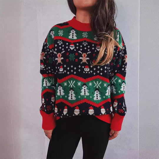 Damen Weihnachts-Pullover mit festlichem Design und strukturiertem Strick EB