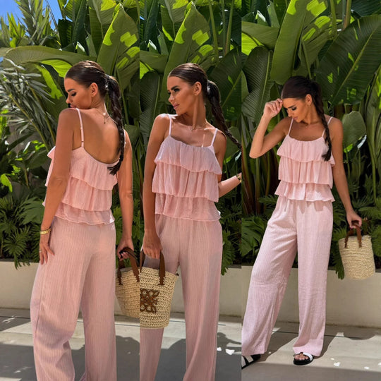Damen Plissee-Volant-Cropped-Top mit Spaghettiträgern und weitem High-Waist-Hose-Set EB
