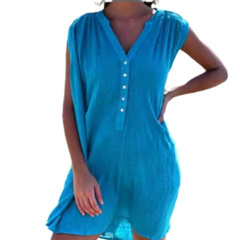 Damen lässiges Strandkleid mit Knopfdetails EB