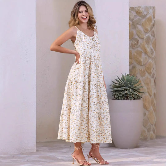 Damen luftiges Maxikleid mit floralem Muster und Spaghettiträgern EB
