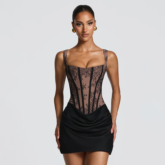 Damen Glamouröses Mini-Kleid mit Spitzen-Oberteil und gerafftem Rock EB